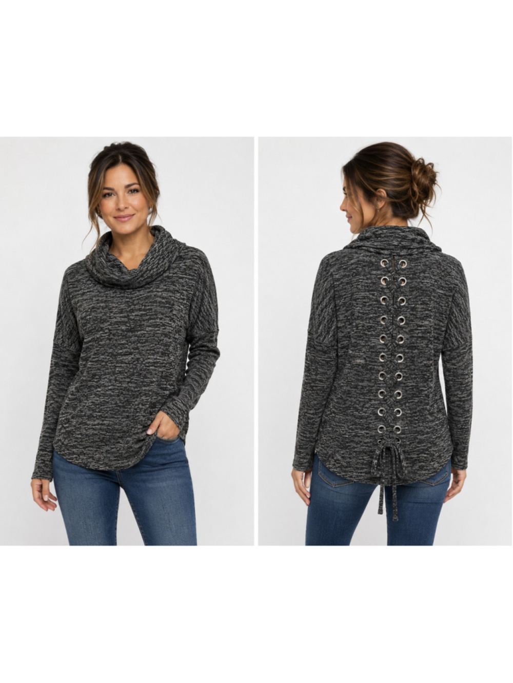Women's Charlie B Cowl Neck Sweater Size M Black Grey Lace-Up Back size M 2026